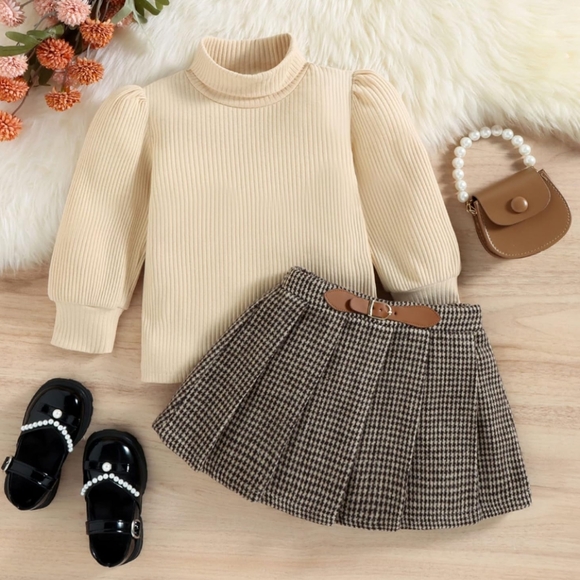 Toddler Girl Trendy Ruffled Ribbed Long-sleeve Tee and Plaid Skirt, NWT - Picture 4 of 8